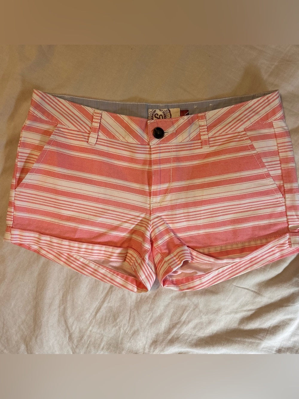 SO Juniors Chino Shorts Size 5 Pink White Striped Cotton Mid Rise Pockets